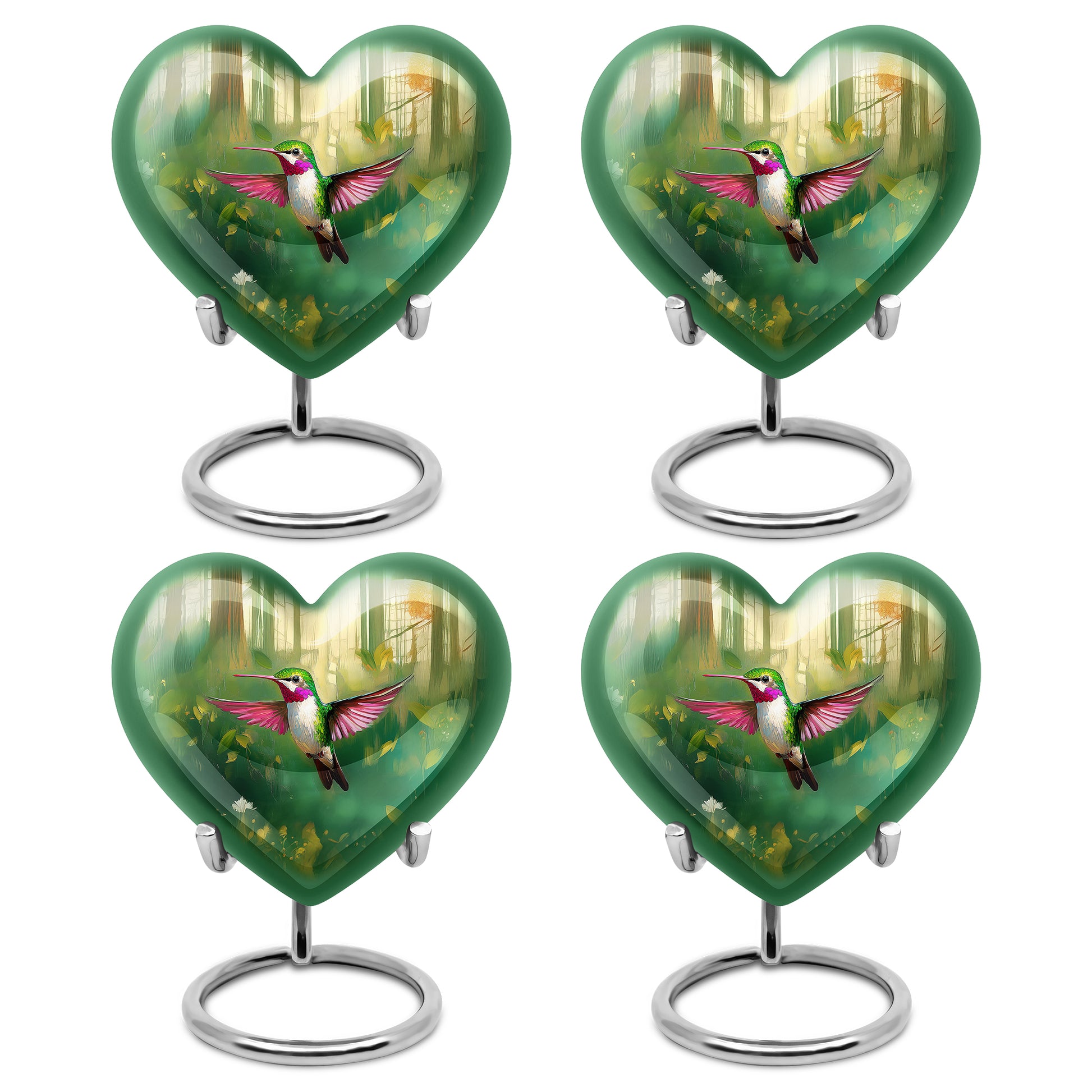 Verdant Green Hummingbird Cremation Urn angled view of lid and engraved motif - heart-shaped hummingbird design symbolizing eternal love - 10 inch aluminum urn for cremated remains