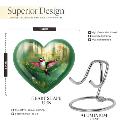 Verdant Green Hummingbird Cremation Urn front view showing detailed design - heart-shaped hummingbird design symbolizing eternal love - mini keepsake memorial for portion of cremation ashes