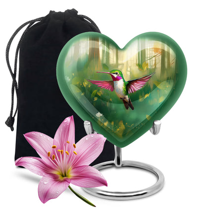 Verdant Green Hummingbird Cremation Urn detail view - loving heart memorial featuring hummingbird pattern - full-size 10 inch 200 cubic inch adult cremation urn