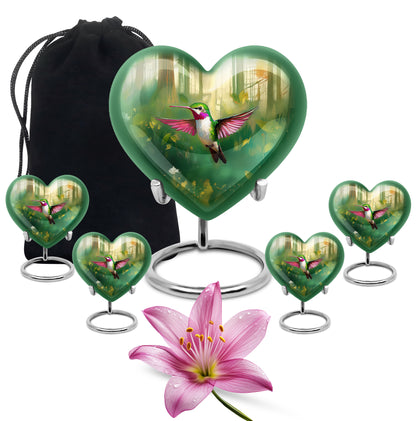 Verdant Green Hummingbird Cremation Urn close-up of engraving and surface detail - heart-shaped hummingbird design symbolizing eternal love - memorial set with one large and four small urns
