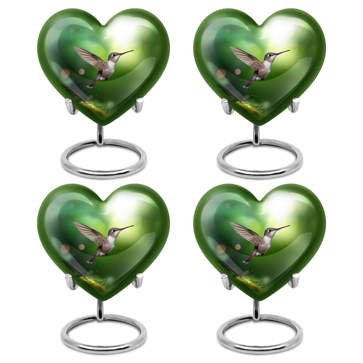 Hunter Green Hummingbird Cremation Urn angled view of lid and engraved motif - romantic heart urn with hummingbird motif on aluminum - 10 inch aluminum urn for cremated remains