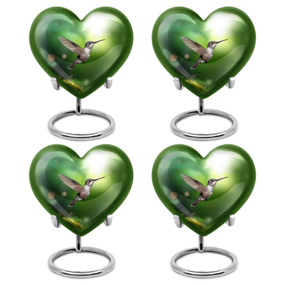 Hunter Green Hummingbird Cremation Urn angled view of lid and engraved motif - romantic heart urn with hummingbird motif on aluminum - 10 inch aluminum urn for cremated remains