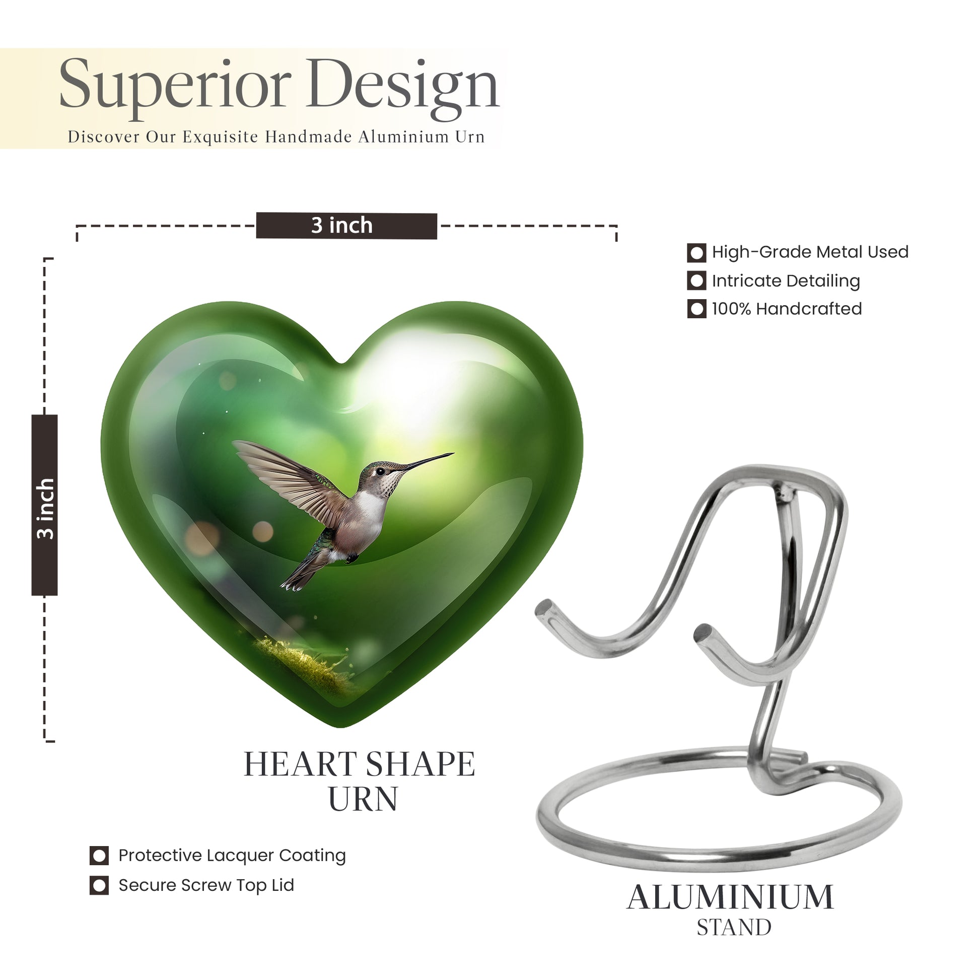 Sage Green Hummingbird Cremation Urn front view showing detailed design - loving heart memorial featuring hummingbird pattern - mini keepsake memorial for portion of cremation ashes