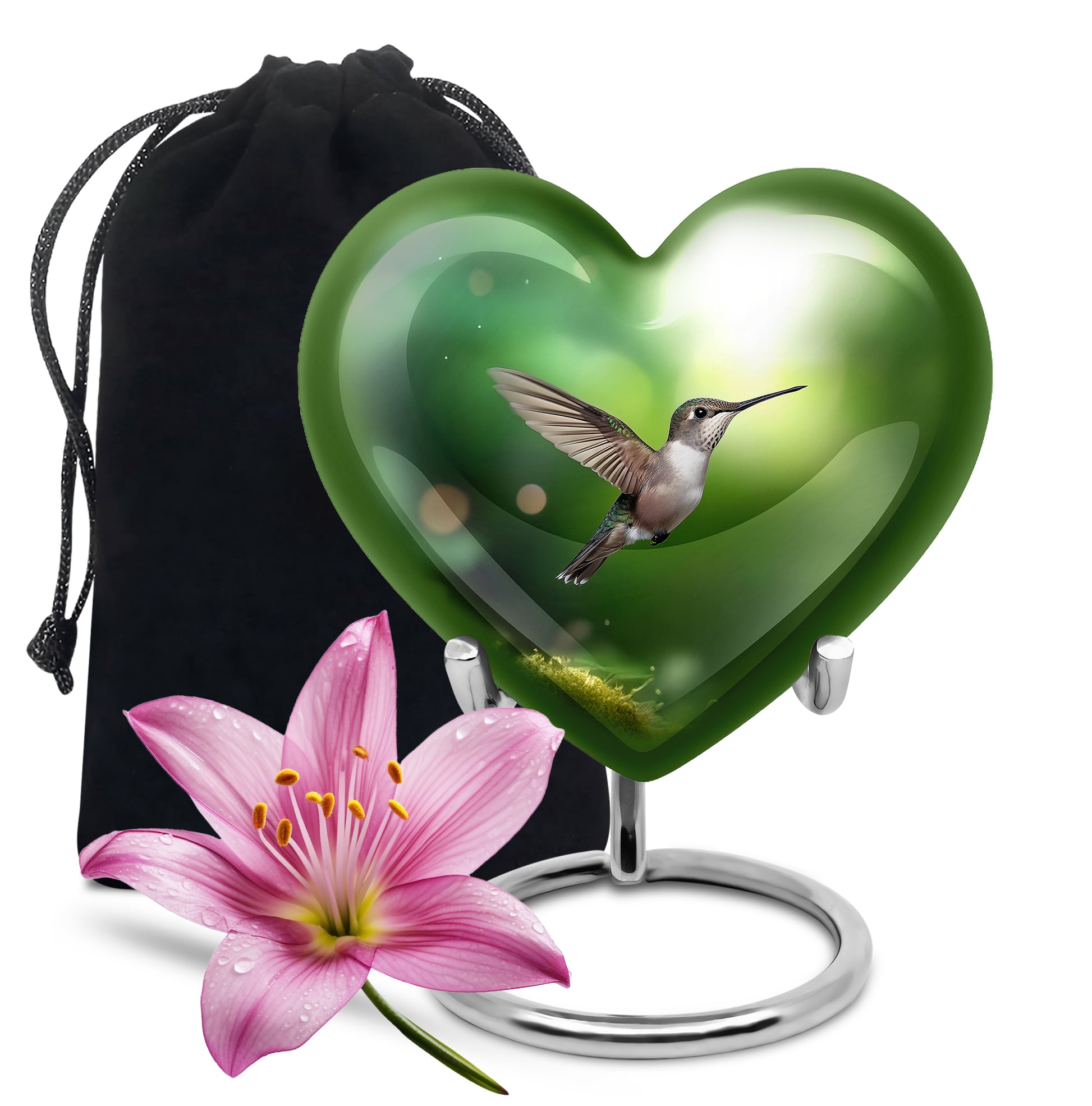 Moss Green Hummingbird Cremation Urn detail view - loving heart memorial featuring hummingbird pattern - full-size 10 inch 200 cubic inch adult cremation urn