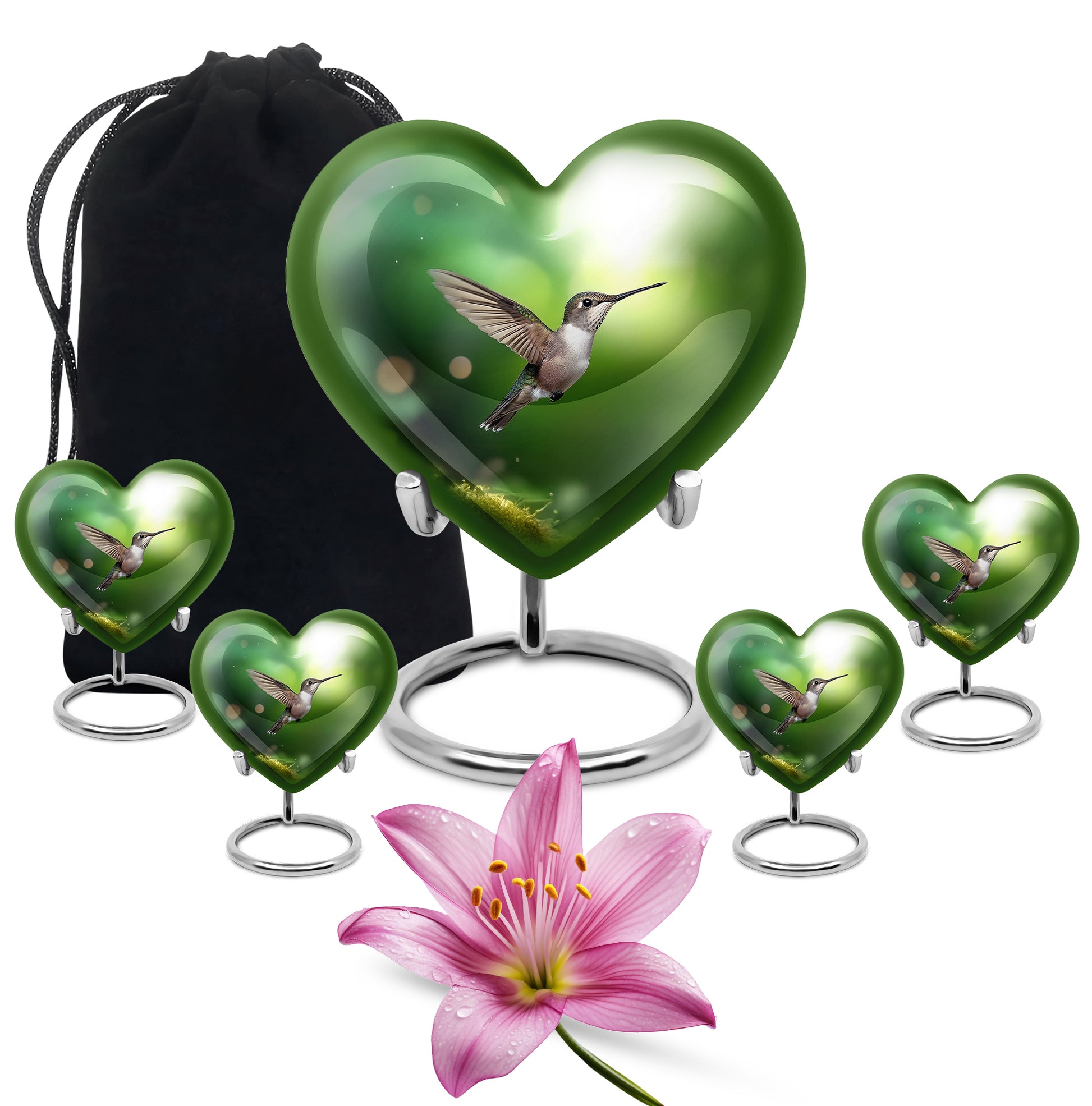 Moss Green Hummingbird Cremation Urn close-up of engraving and surface detail - heart-shaped hummingbird design symbolizing eternal love - memorial set with one large and four small urns