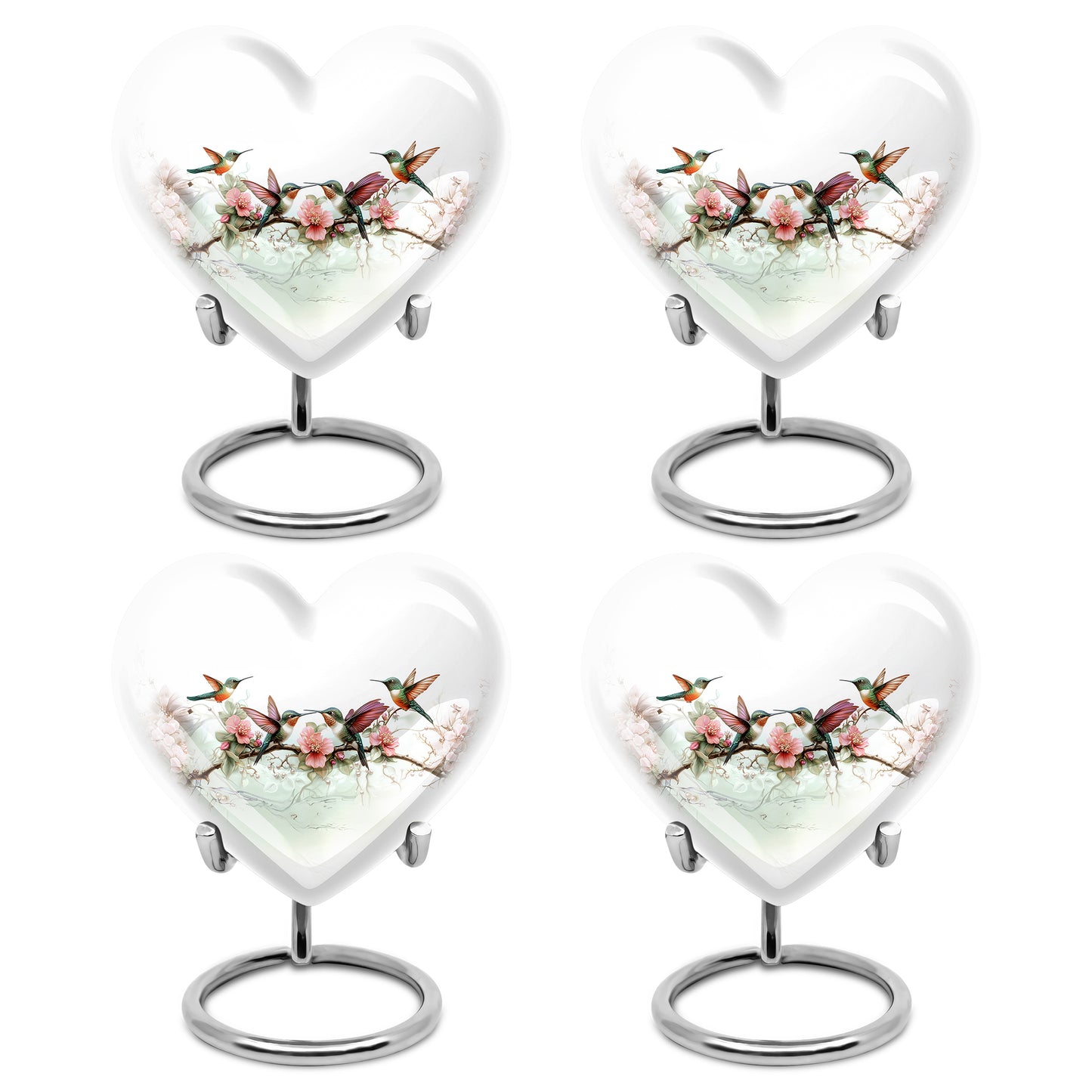 Antique Silver Hummingbird Cremation Urn angled view of lid and engraved motif - compassionate heart-hummingbird combination with gentle curves - 10 inch aluminum urn for cremated remains