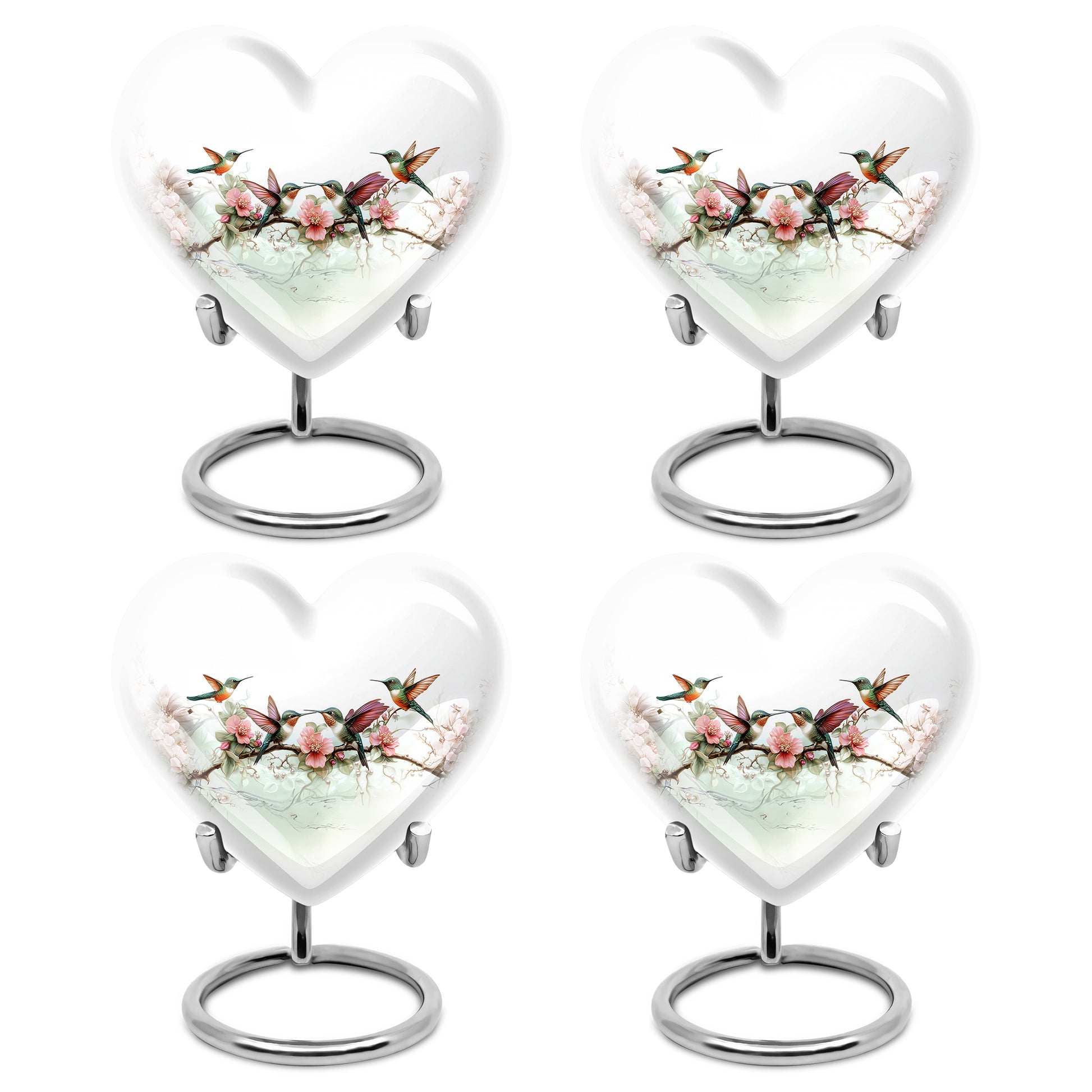 Antique Silver Hummingbird Cremation Urn angled view of lid and engraved motif - compassionate heart-hummingbird combination with gentle curves - 10 inch aluminum urn for cremated remains