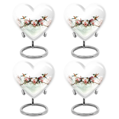 Antique Silver Hummingbird Cremation Urn angled view of lid and engraved motif - compassionate heart-hummingbird combination with gentle curves - 10 inch aluminum urn for cremated remains