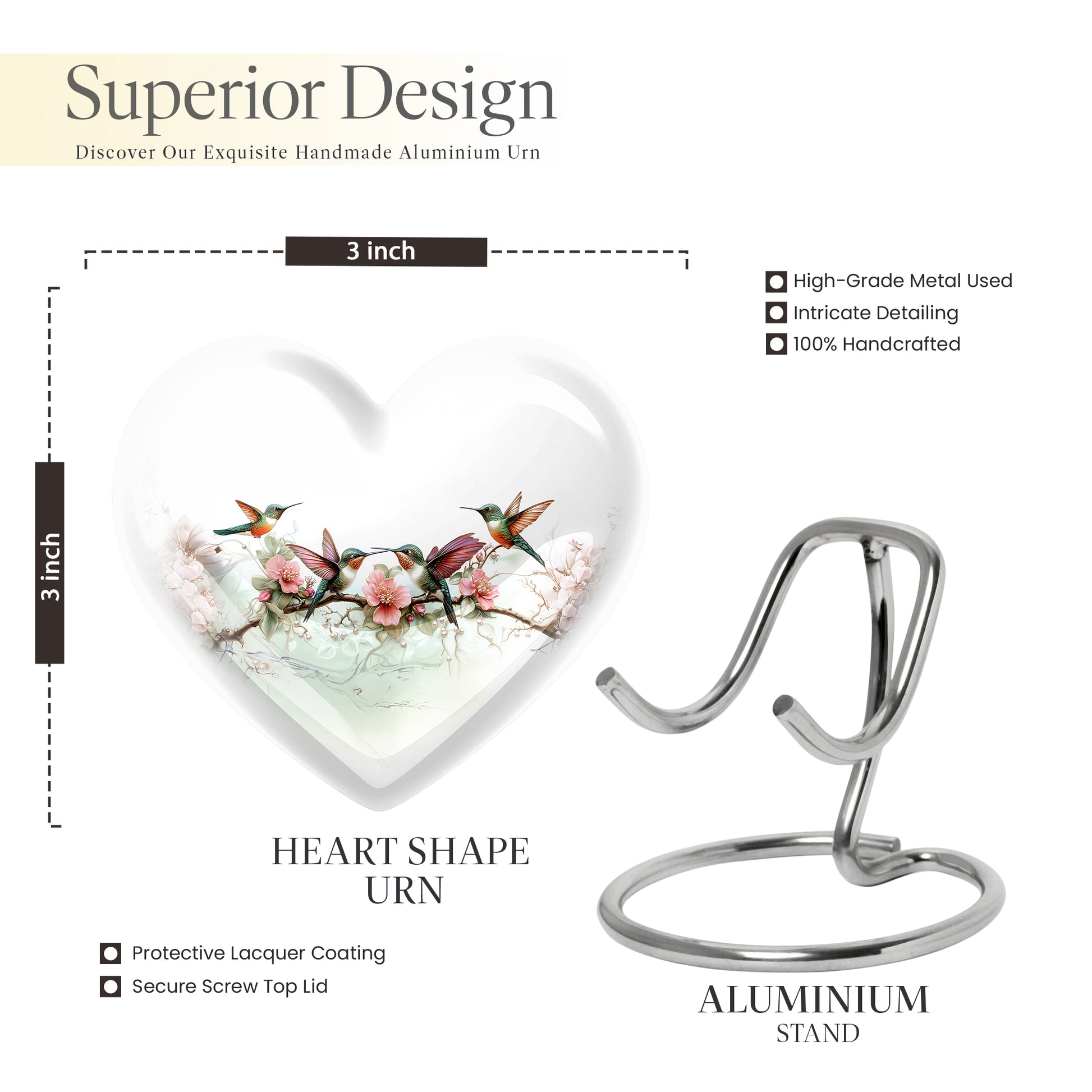 Sterling Silver Hummingbird Cremation Urn front view showing detailed design - loving heart memorial featuring hummingbird pattern - mini keepsake memorial for portion of cremation ashes