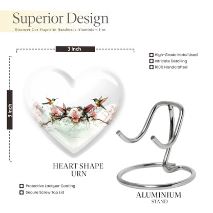 Sterling Silver Hummingbird Cremation Urn front view showing detailed design - loving heart memorial featuring hummingbird pattern - mini keepsake memorial for portion of cremation ashes