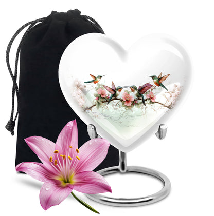 Gleaming Silver Hummingbird Cremation Urn detail view - loving heart memorial featuring hummingbird pattern - full-size 10 inch 200 cubic inch adult cremation urn