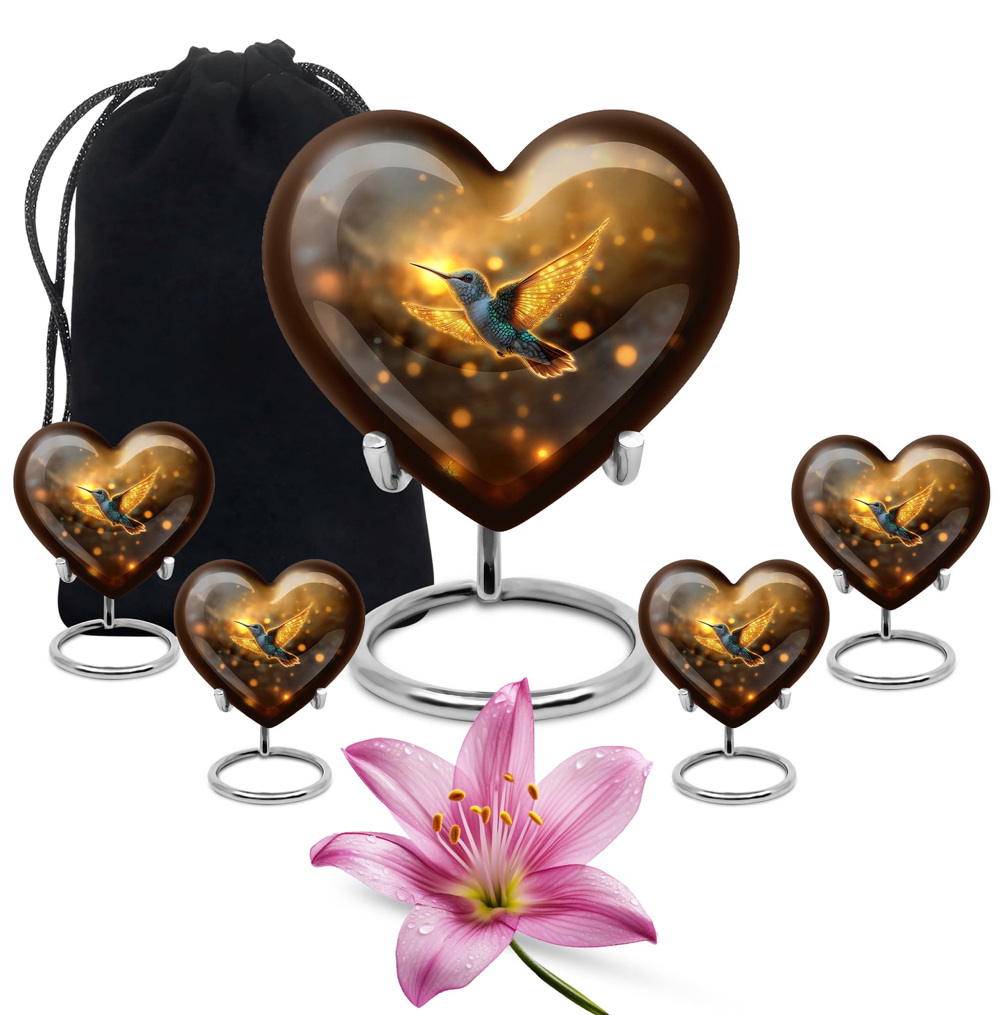 Sunrise Gold Hummingbird Cremation Urn close-up of engraving and surface detail - loving heart memorial featuring hummingbird pattern - memorial set with one large and four small urns