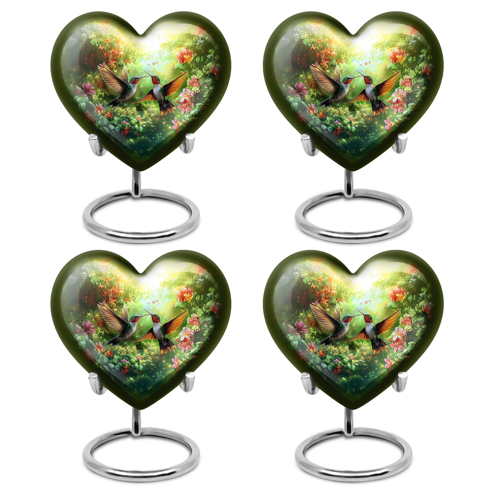 Sunshine Yellow Hummingbird Cremation Urn angled view of lid and engraved motif - romantic heart urn with hummingbird motif on aluminum - 10 inch aluminum urn for cremated remains