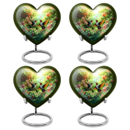 Sunshine Yellow Hummingbird Cremation Urn angled view of lid and engraved motif - romantic heart urn with hummingbird motif on aluminum - 10 inch aluminum urn for cremated remains
