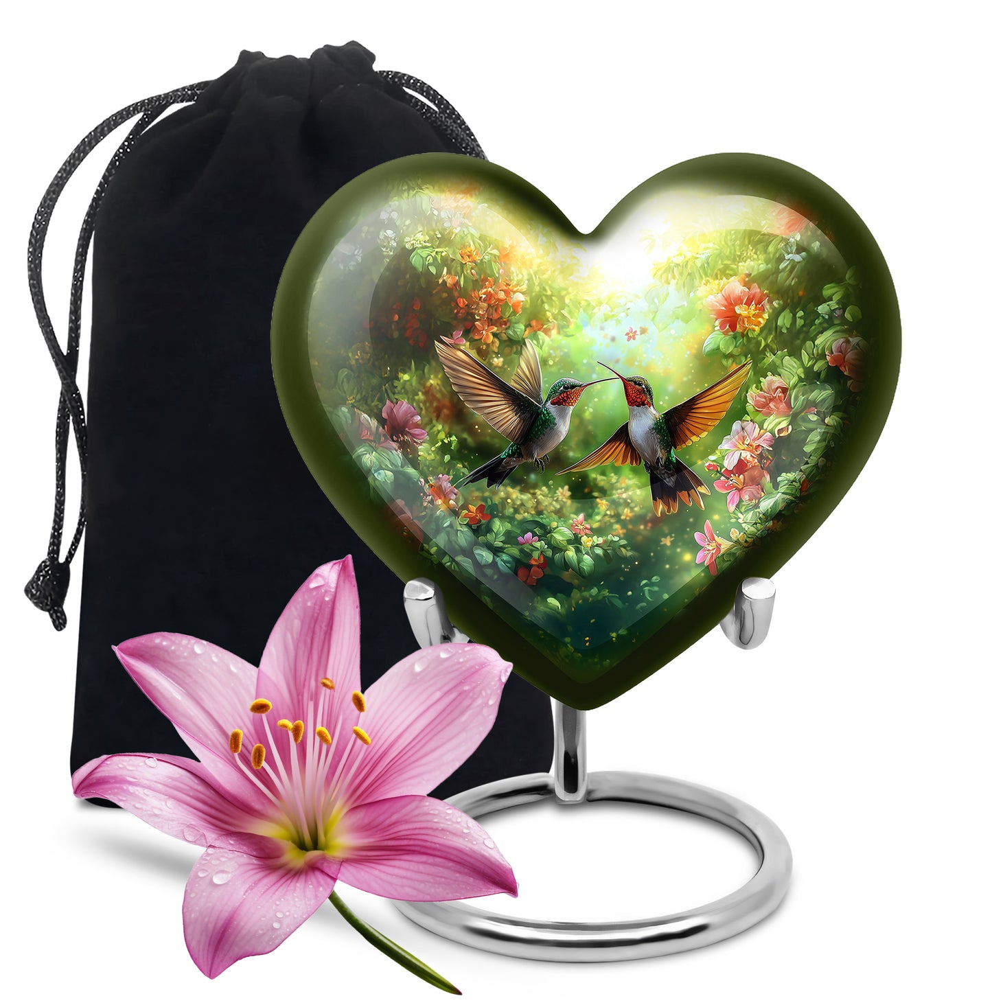 Sunshine Yellow Hummingbird Cremation Urn detail view - compassionate heart-hummingbird combination with gentle curves - full-size 10 inch 200 cubic inch adult cremation urn