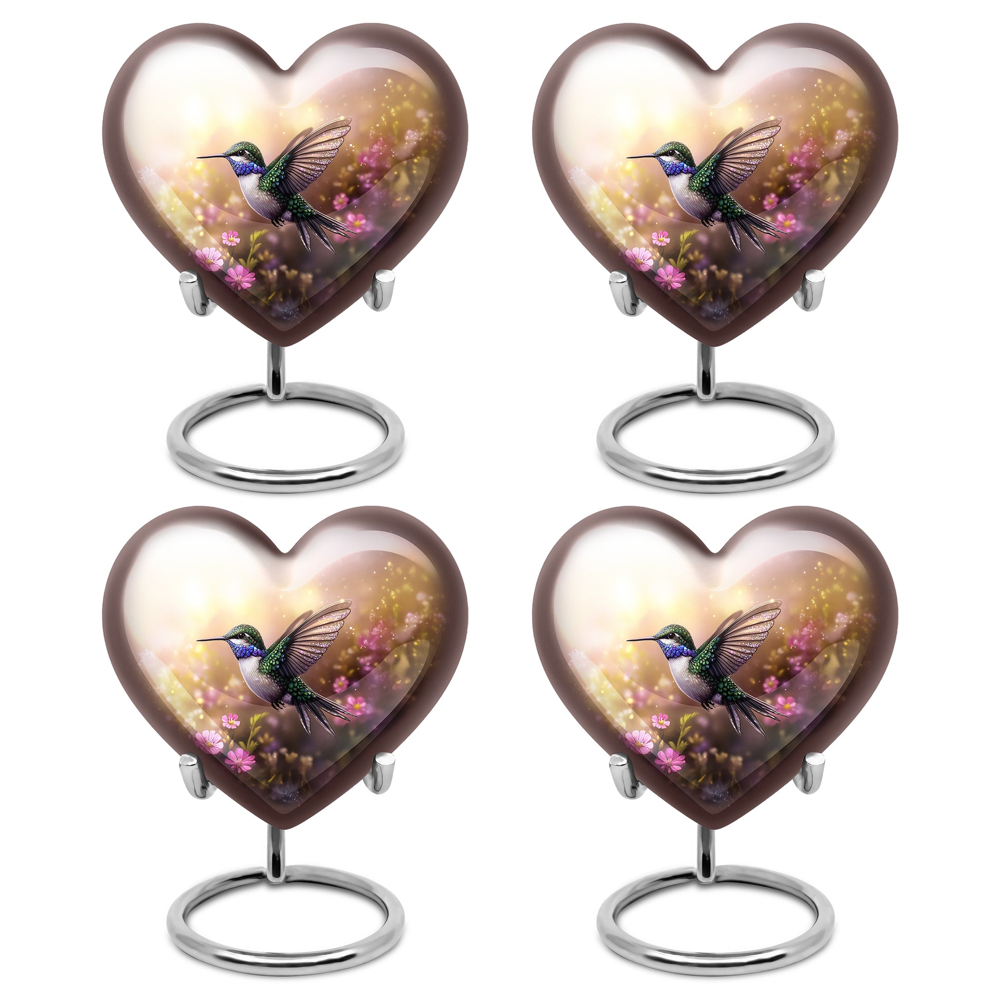 Antique Gold Hummingbird Cremation Urn angled view of lid and engraved motif - heart-shaped hummingbird design symbolizing eternal love - 10 inch aluminum urn for cremated remains