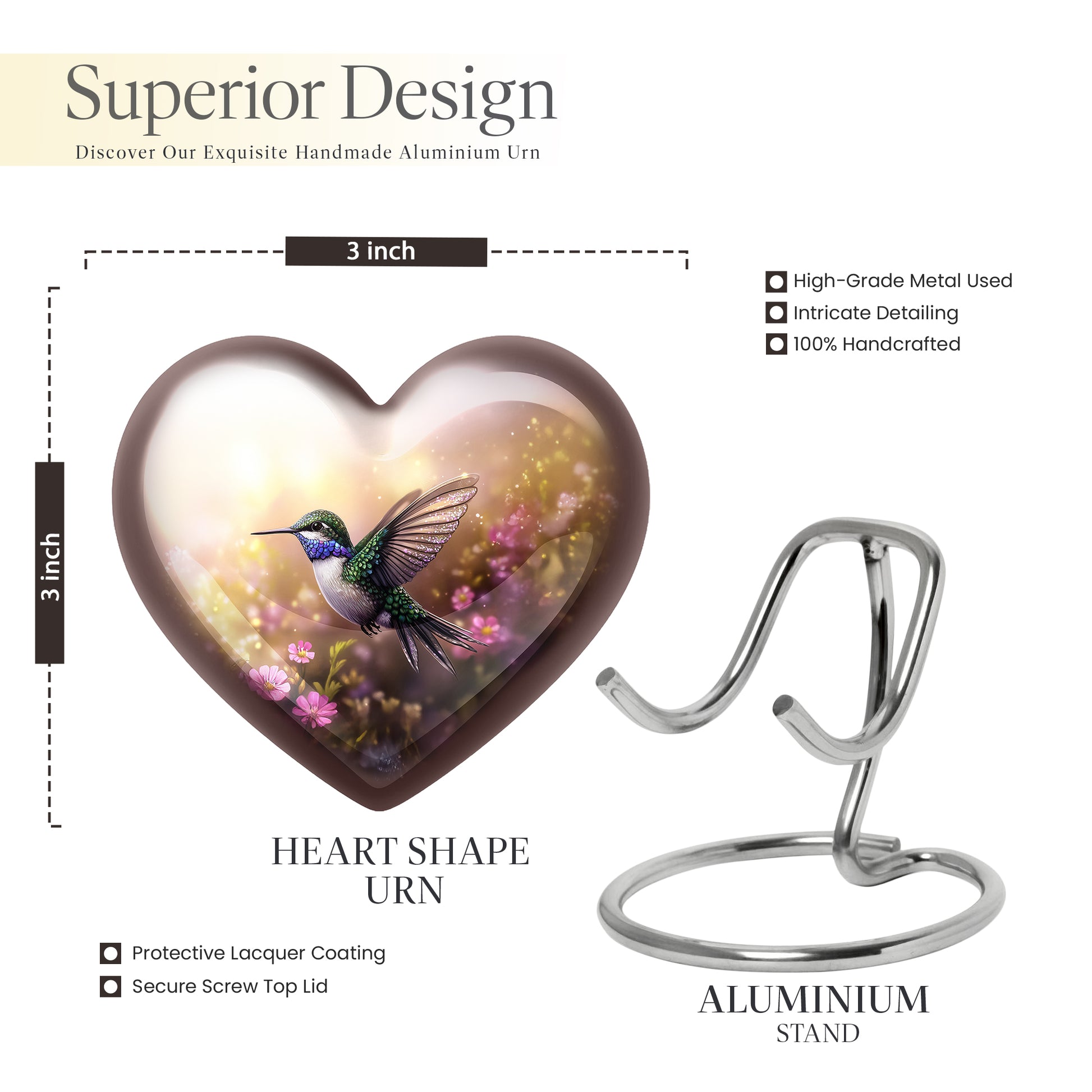 Champagne Gold Hummingbird Cremation Urn front view showing detailed design - heart-shaped hummingbird design symbolizing eternal love - mini keepsake memorial for portion of cremation ashes