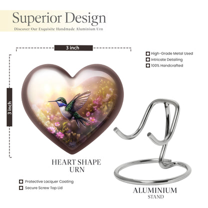 Champagne Gold Hummingbird Cremation Urn front view showing detailed design - heart-shaped hummingbird design symbolizing eternal love - mini keepsake memorial for portion of cremation ashes
