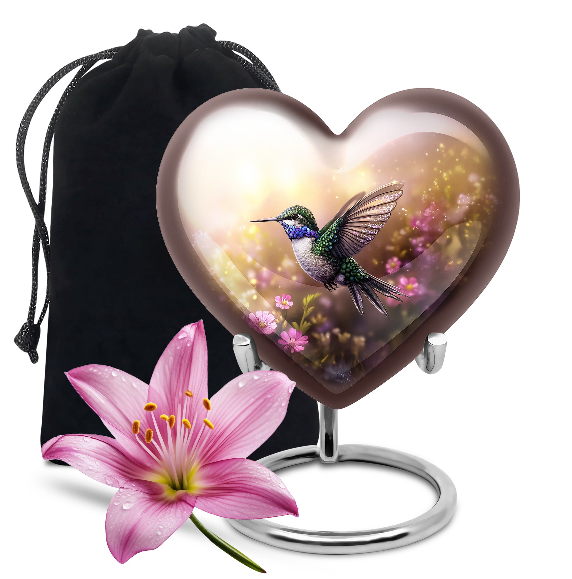 Royal Gold Hummingbird Cremation Urn detail view - romantic heart urn with hummingbird motif on aluminum - full-size 10 inch 200 cubic inch adult cremation urn