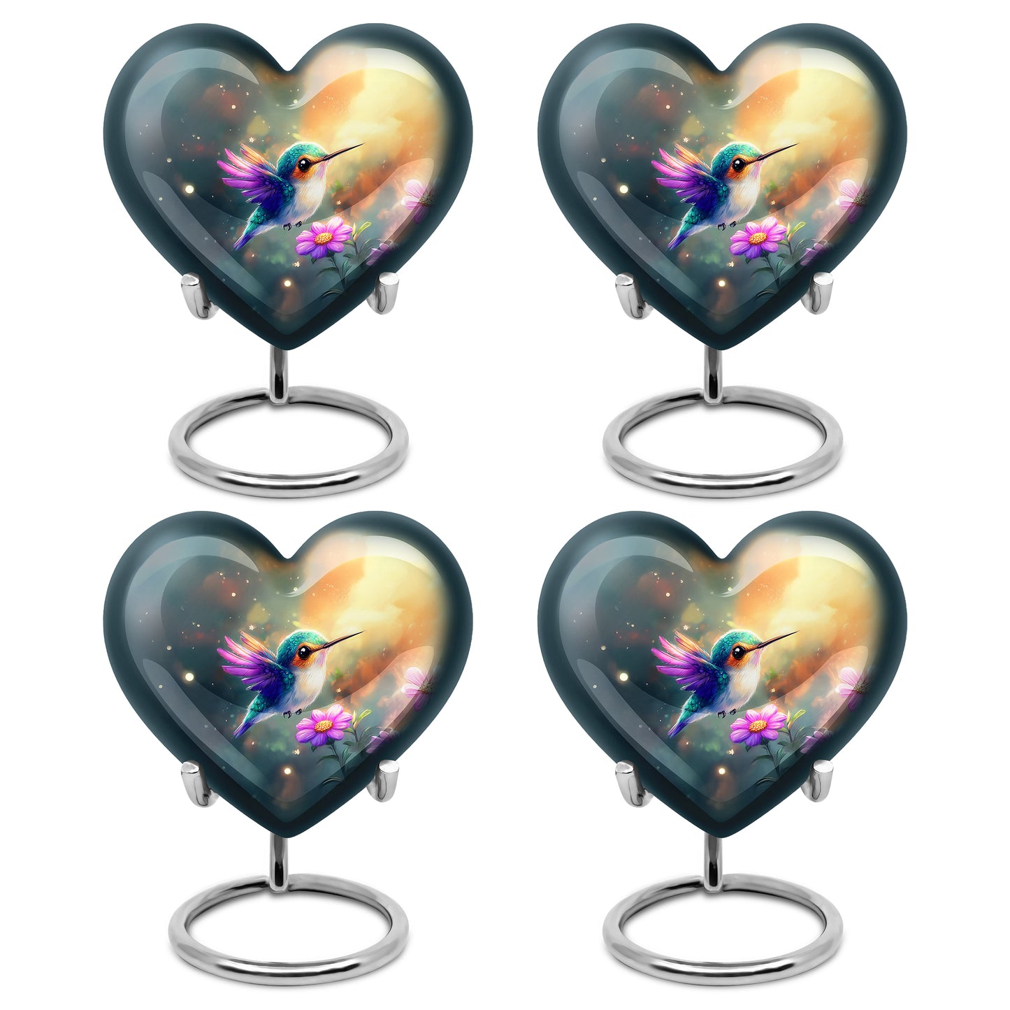 Mystic Teal Hummingbird Cremation Urn angled view of lid and engraved motif - compassionate heart-hummingbird combination with gentle curves - 10 inch aluminum urn for cremated remains