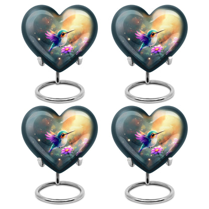 Mystic Teal Hummingbird Cremation Urn angled view of lid and engraved motif - compassionate heart-hummingbird combination with gentle curves - 10 inch aluminum urn for cremated remains