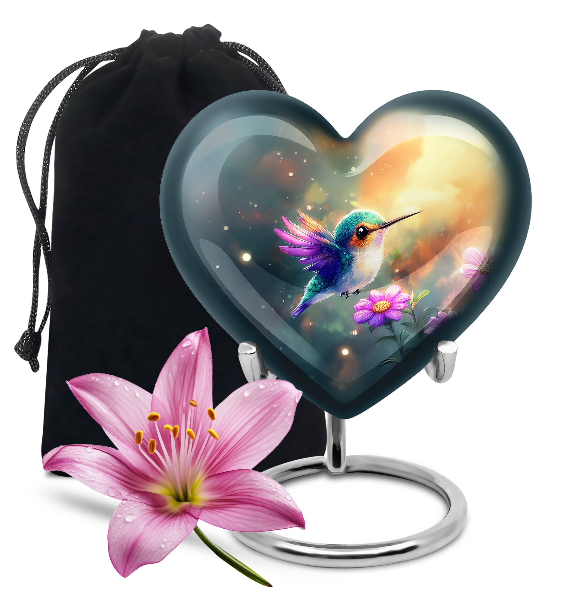 Cool Teal Hummingbird Cremation Urn detail view - heart-shaped hummingbird design symbolizing eternal love - full-size 10 inch 200 cubic inch adult cremation urn