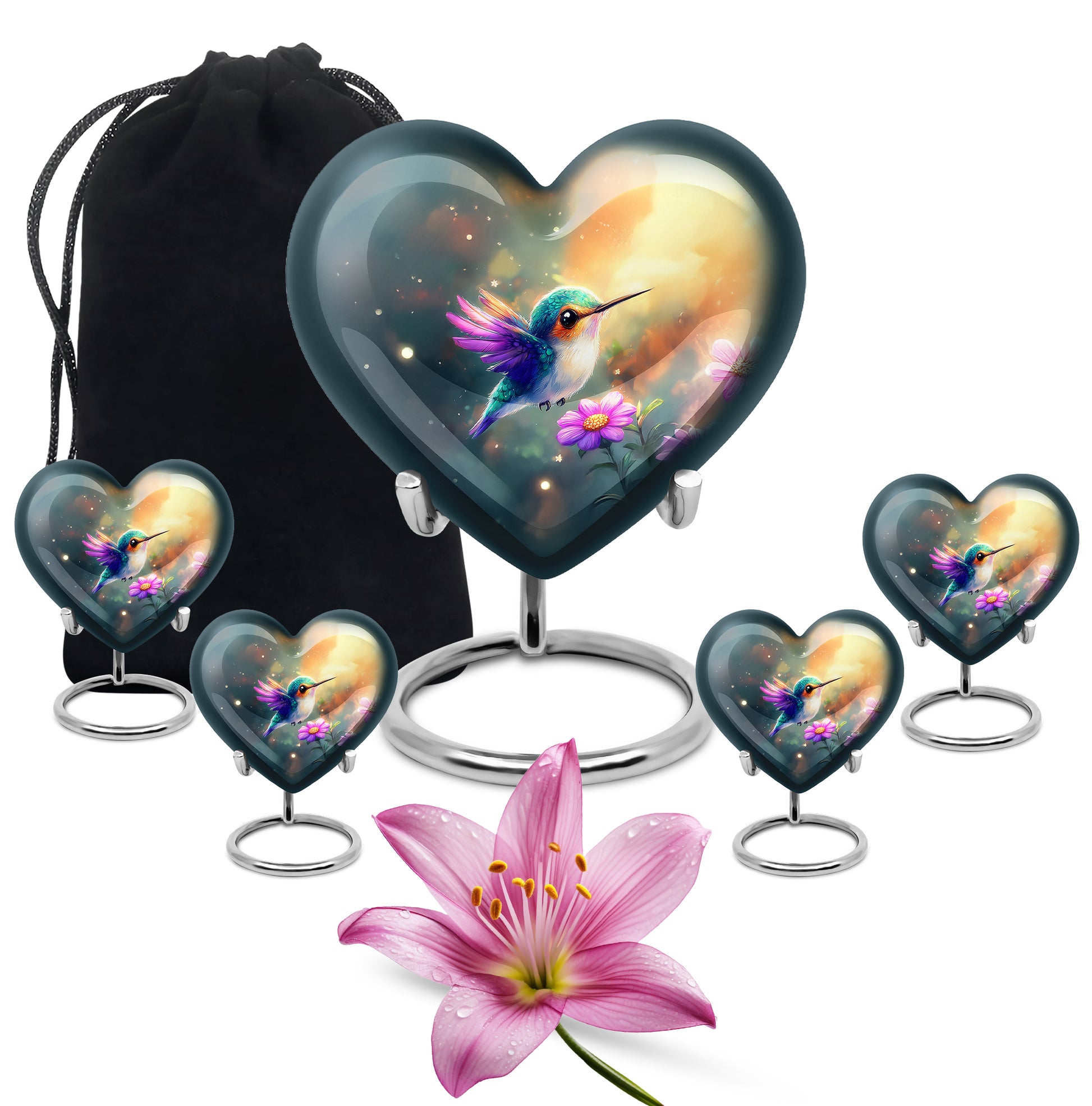 Cool Teal Hummingbird Cremation Urn close-up of engraving and surface detail - heart-shaped hummingbird design symbolizing eternal love - memorial set with one large and four small urns