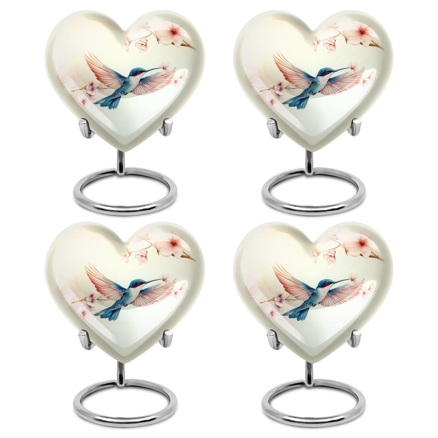 Snow White Hummingbird Cremation Urn angled view of lid and engraved motif - heart-shaped hummingbird design symbolizing eternal love - 10 inch aluminum urn for cremated remains