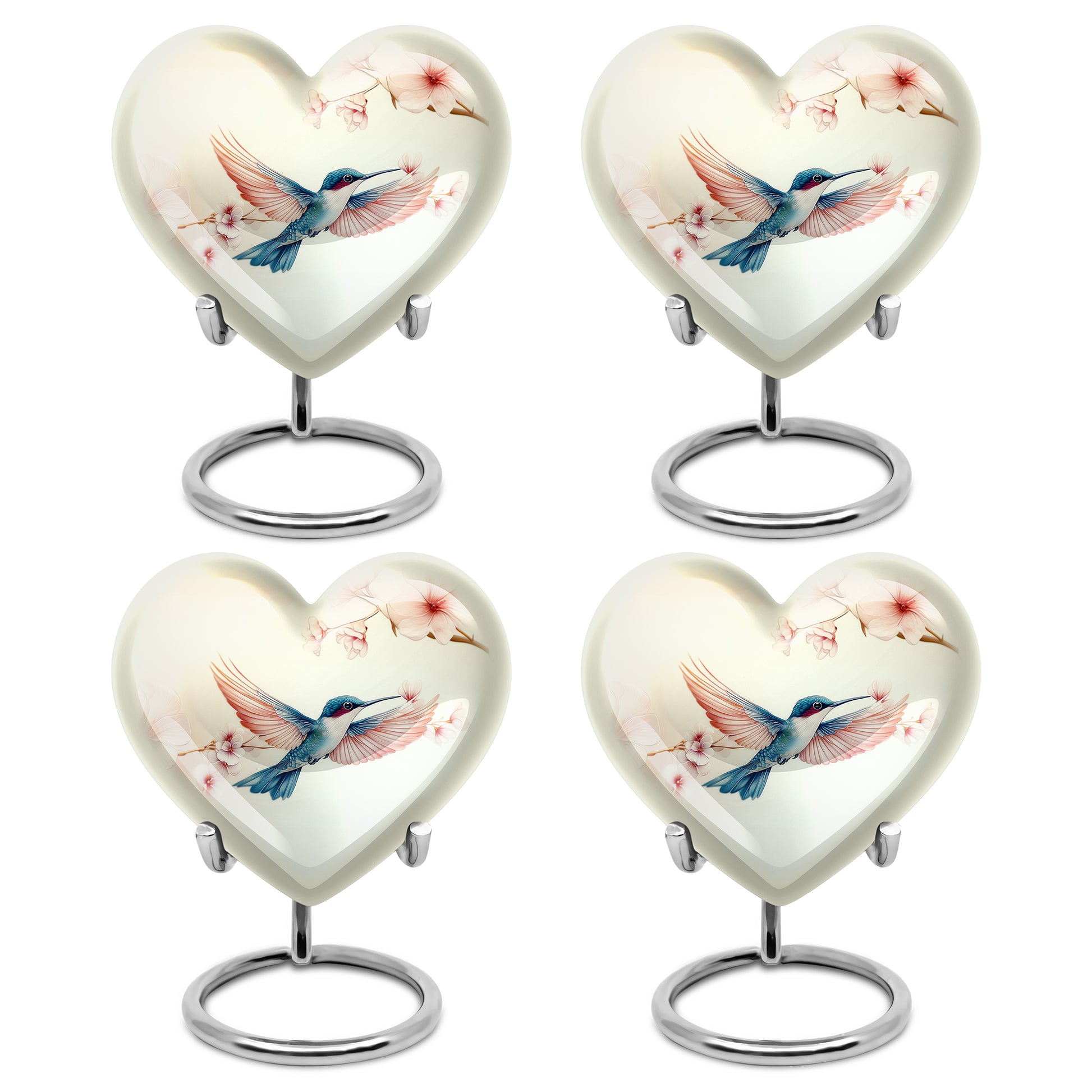 Snow White Hummingbird Cremation Urn angled view of lid and engraved motif - heart-shaped hummingbird design symbolizing eternal love - 10 inch aluminum urn for cremated remains