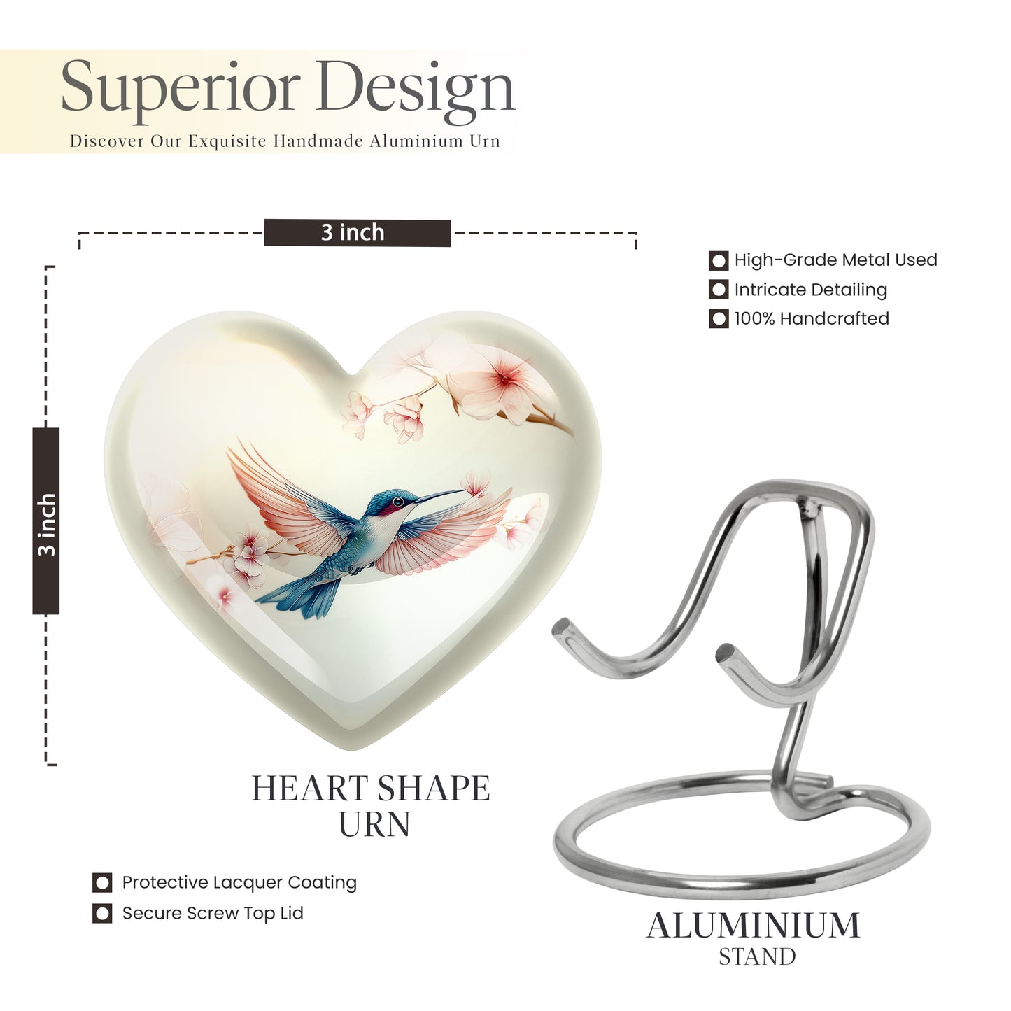 Pure White Hummingbird Cremation Urn front view showing detailed design - loving heart memorial featuring hummingbird pattern - mini keepsake memorial for portion of cremation ashes