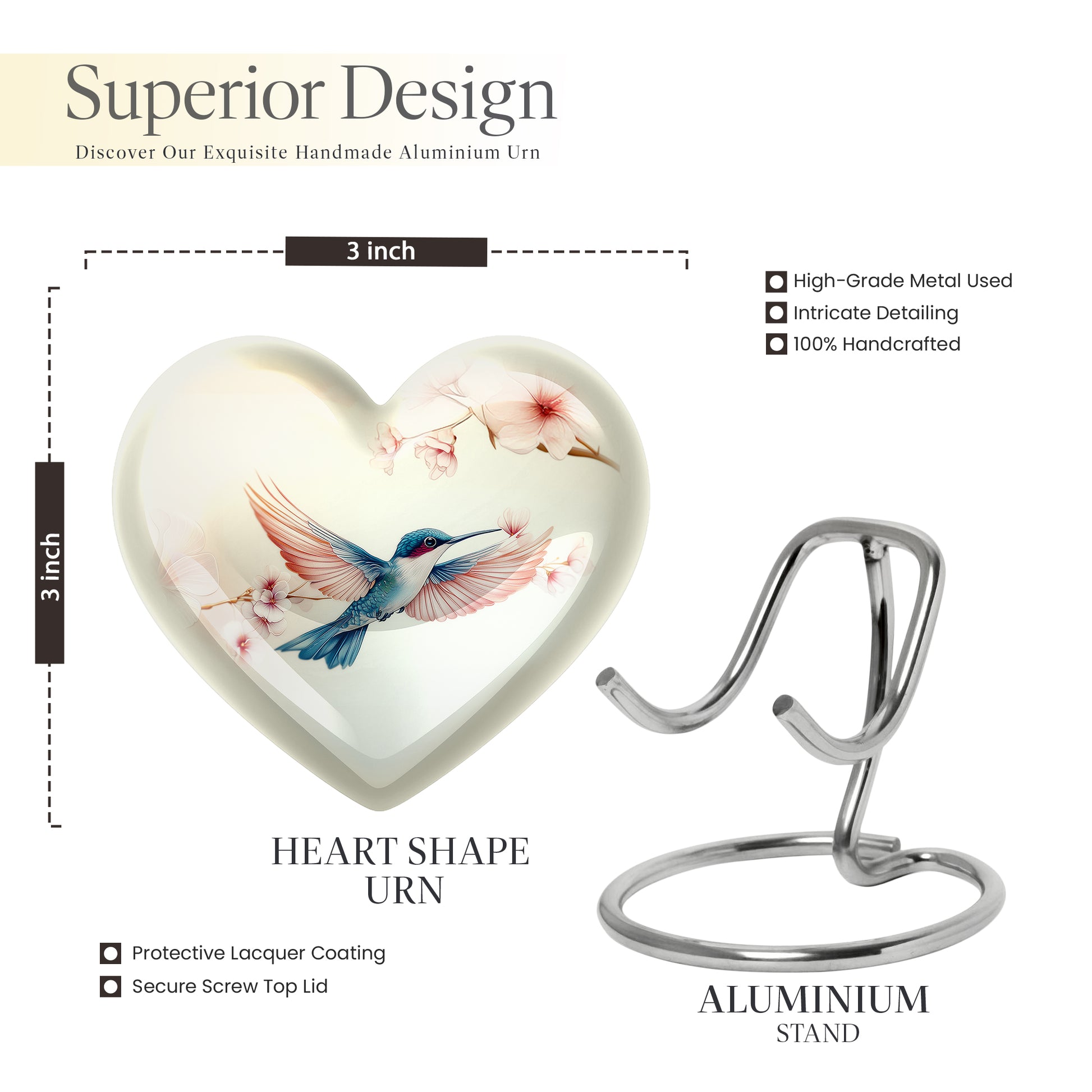 Pure White Hummingbird Cremation Urn front view showing detailed design - loving heart memorial featuring hummingbird pattern - mini keepsake memorial for portion of cremation ashes