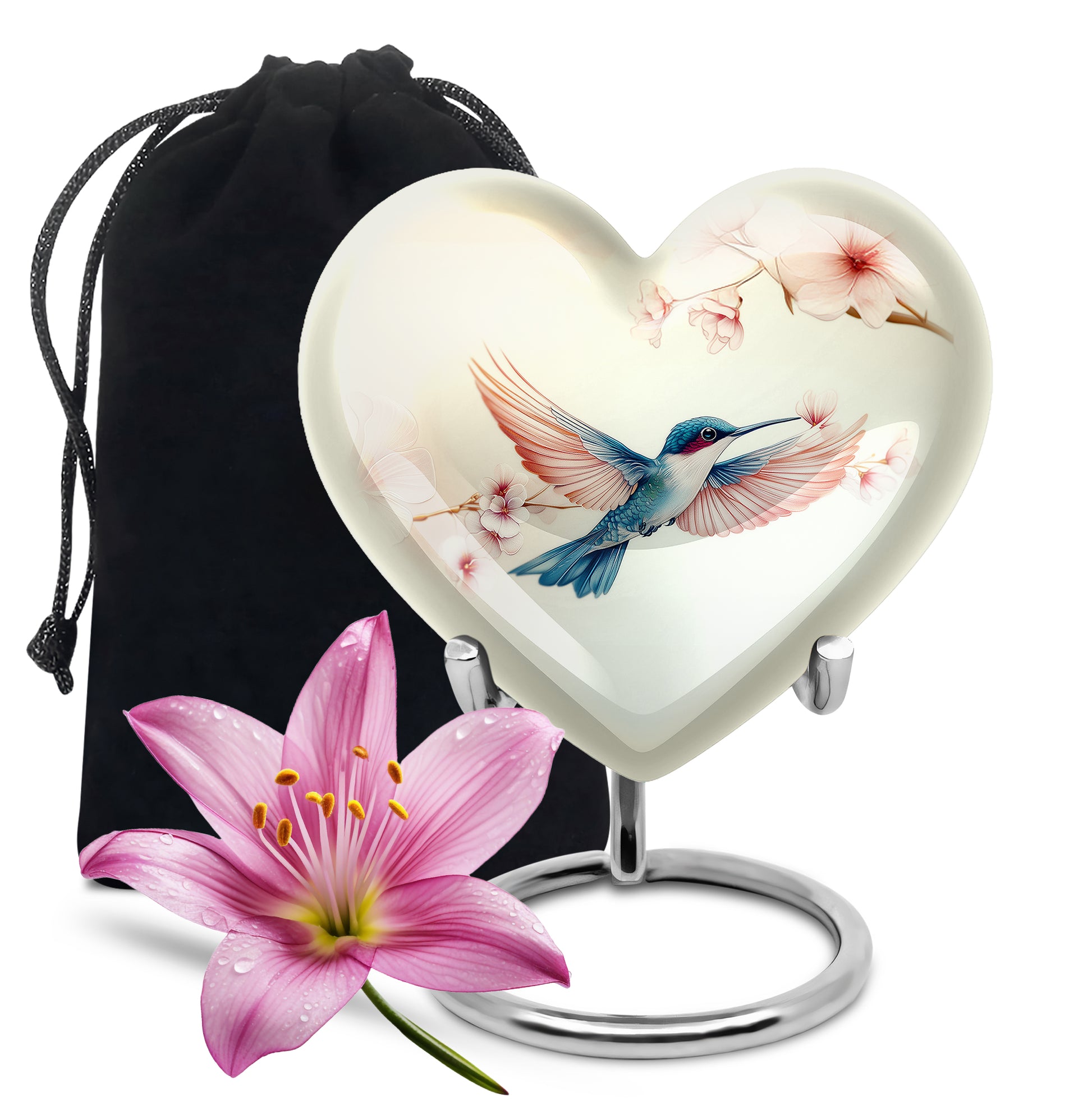 Cream White Hummingbird Cremation Urn detail view - compassionate heart-hummingbird combination with gentle curves - full-size 10 inch 200 cubic inch adult cremation urn