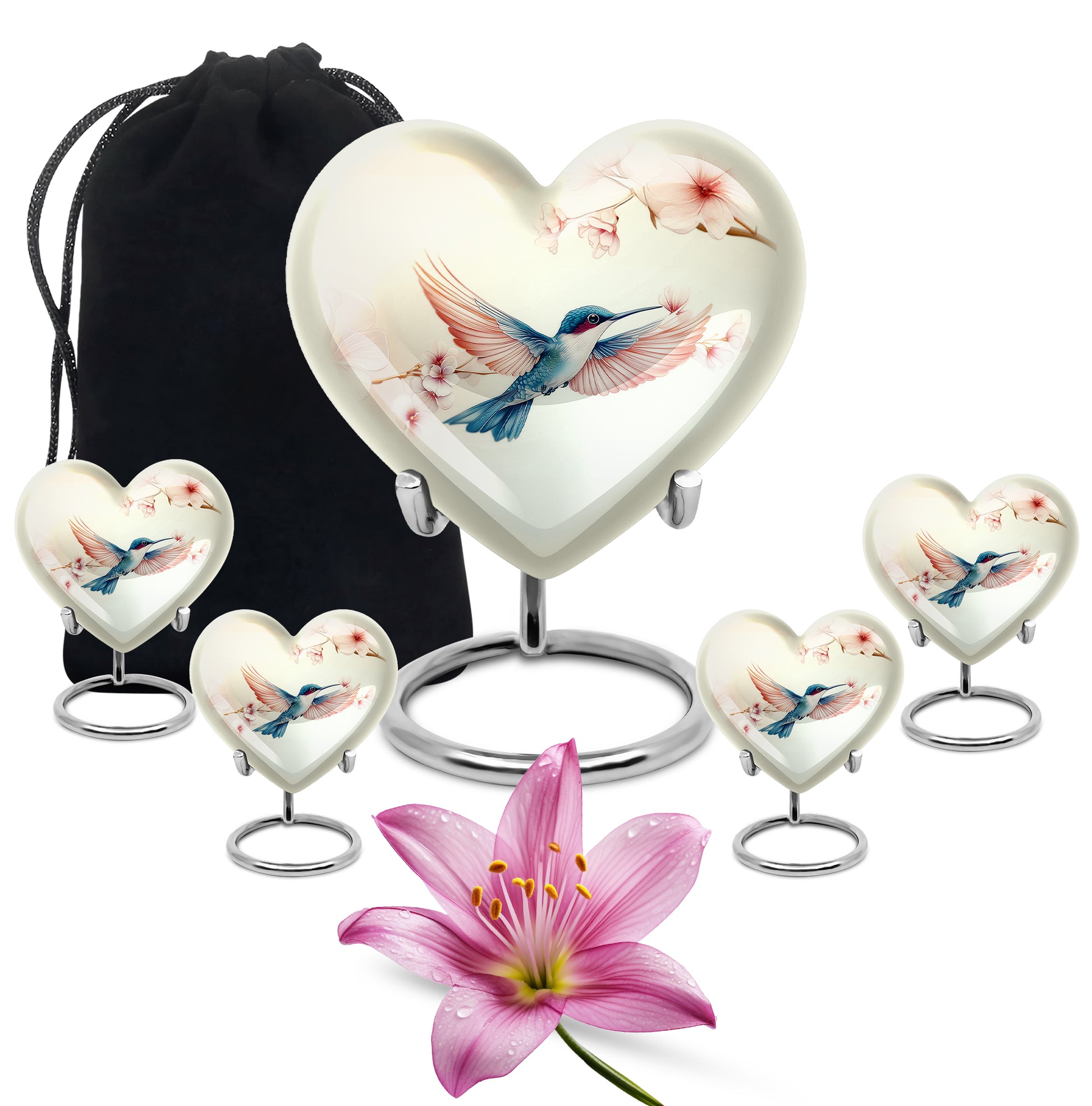 Frost White Hummingbird Cremation Urn close-up of engraving and surface detail - loving heart memorial featuring hummingbird pattern - memorial set with one large and four small urns