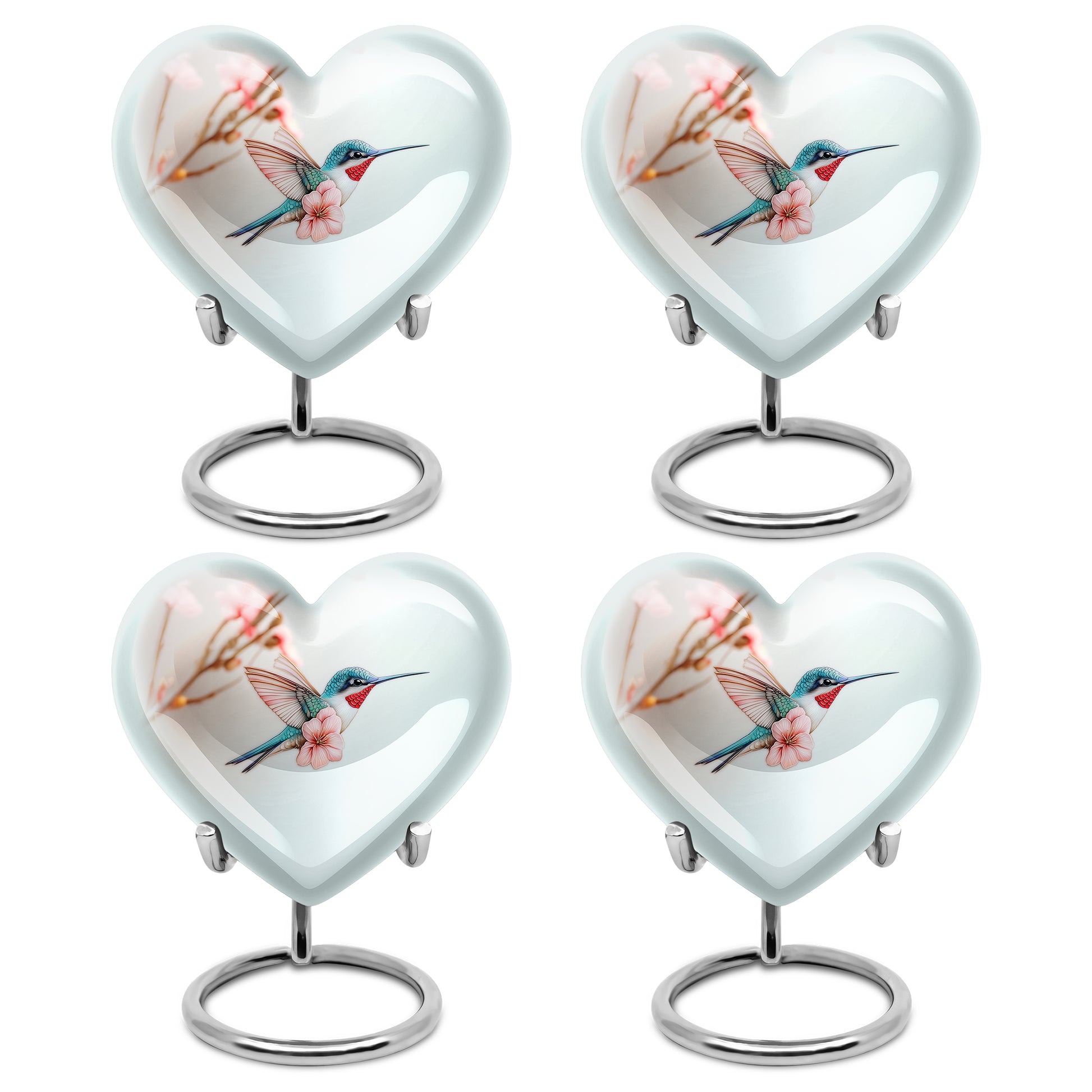 Brushed Silver Hummingbird Cremation Urn angled view of lid and engraved motif - heart-shaped hummingbird design symbolizing eternal love - 10 inch aluminum urn for cremated remains
