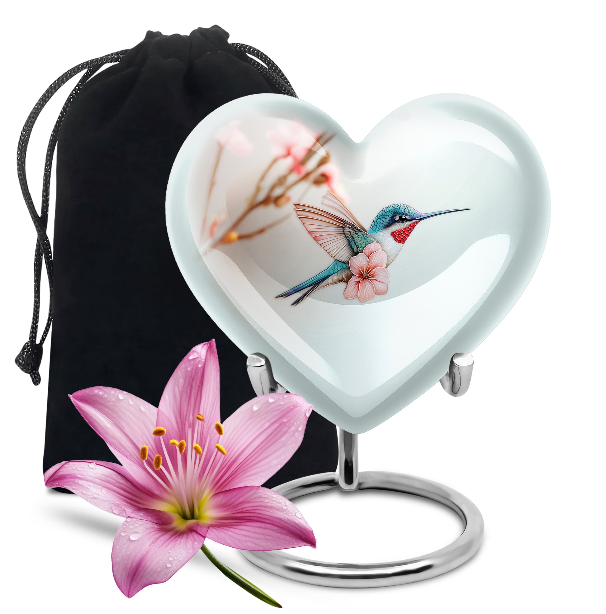 Moonlight Silver Hummingbird Cremation Urn detail view - compassionate heart-hummingbird combination with gentle curves - full-size 10 inch 200 cubic inch adult cremation urn