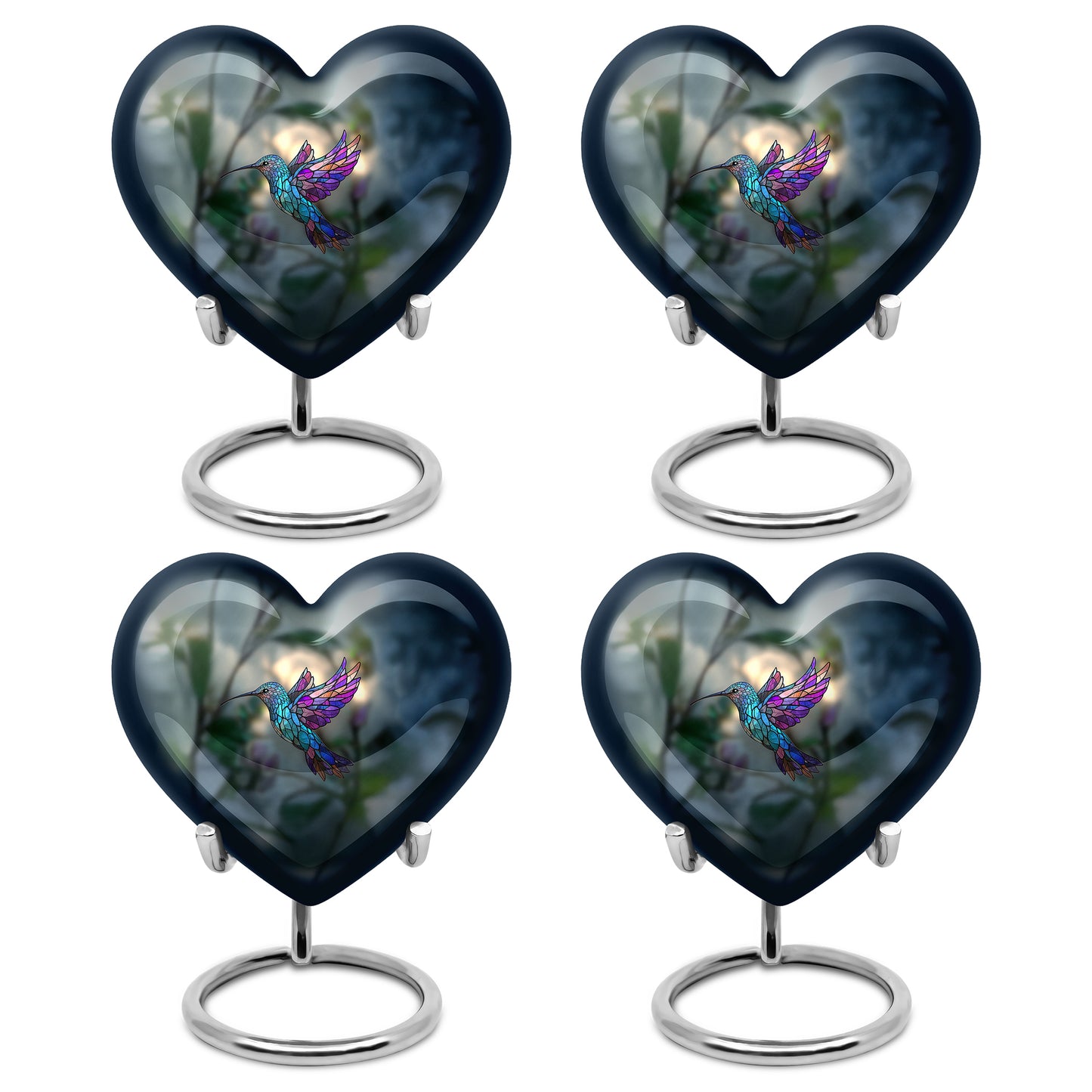 Mint Green Hummingbird Cremation Urn angled view of lid and engraved motif - romantic heart urn with hummingbird motif on aluminum - 10 inch aluminum urn for cremated remains