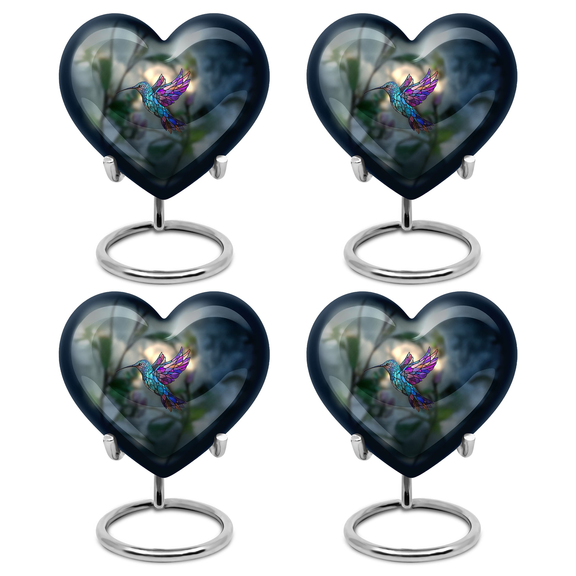 Mint Green Hummingbird Cremation Urn angled view of lid and engraved motif - romantic heart urn with hummingbird motif on aluminum - 10 inch aluminum urn for cremated remains