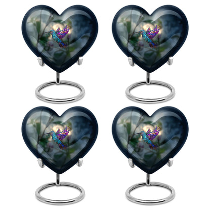 Mint Green Hummingbird Cremation Urn angled view of lid and engraved motif - romantic heart urn with hummingbird motif on aluminum - 10 inch aluminum urn for cremated remains