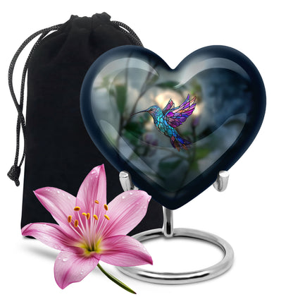 Mint Green Hummingbird Cremation Urn detail view - compassionate heart-hummingbird combination with gentle curves - full-size 10 inch 200 cubic inch adult cremation urn