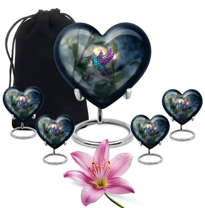Emerald Green Hummingbird Cremation Urn close-up of engraving and surface detail - heart-shaped hummingbird design symbolizing eternal love - memorial set with one large and four small urns