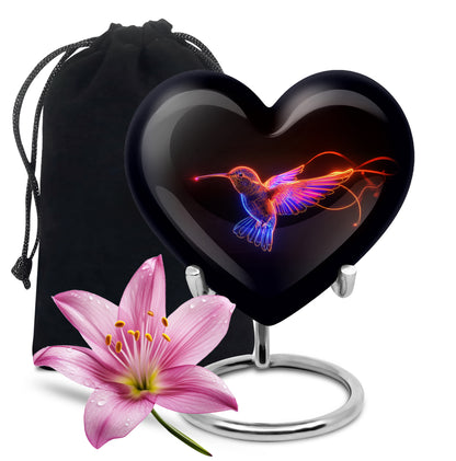 Charcoal Black Hummingbird Cremation Urn detail view - romantic heart urn with hummingbird motif on aluminum - full-size 10 inch 200 cubic inch adult cremation urn
