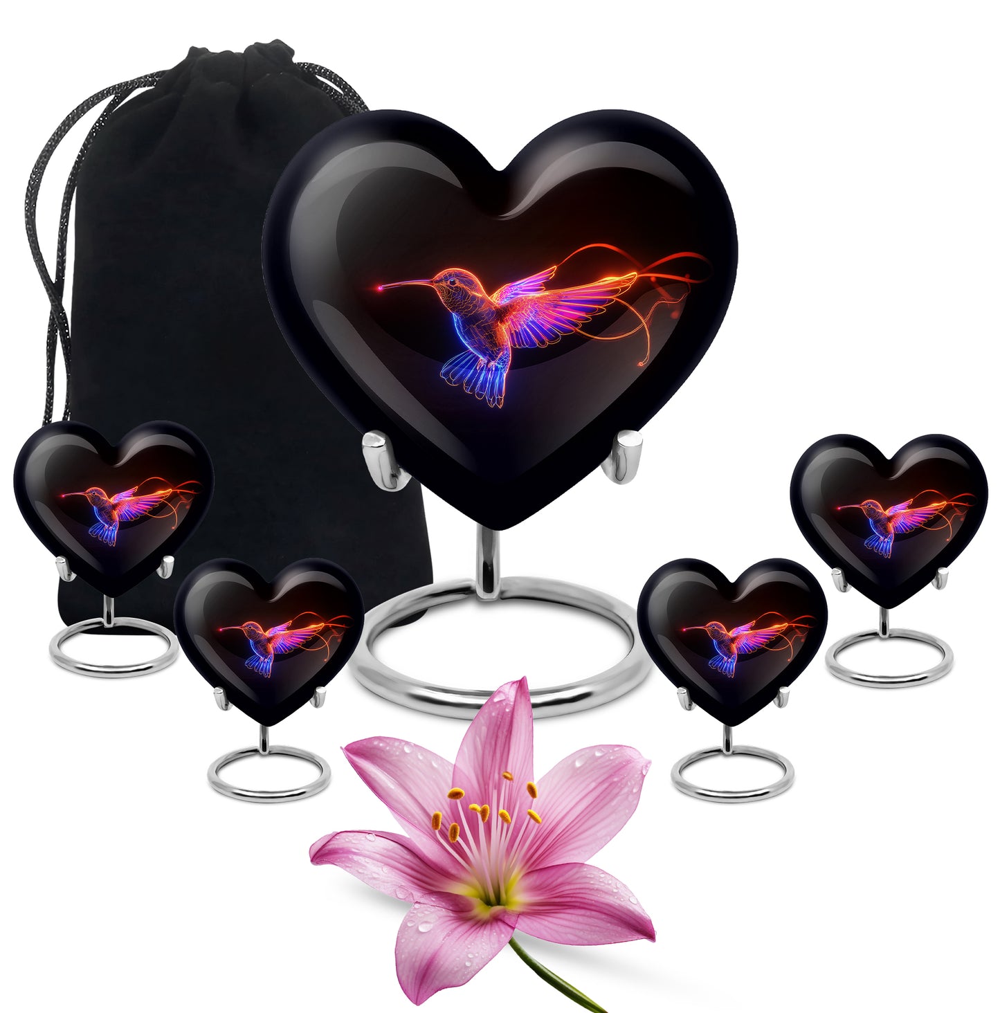 Glossy Black Hummingbird Cremation Urn close-up of engraving and surface detail - loving heart memorial featuring hummingbird pattern - memorial set with one large and four small urns