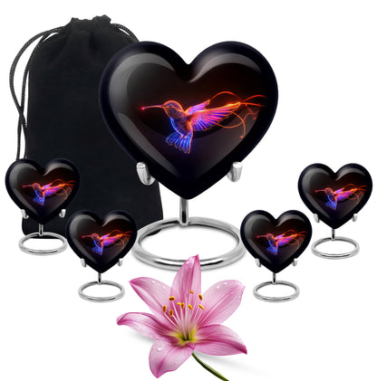 Glossy Black Hummingbird Cremation Urn close-up of engraving and surface detail - loving heart memorial featuring hummingbird pattern - memorial set with one large and four small urns