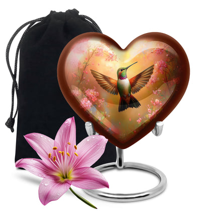 Harvest Gold Hummingbird Cremation Urn detail view - compassionate heart-hummingbird combination with gentle curves - full-size 10 inch 200 cubic inch adult cremation urn