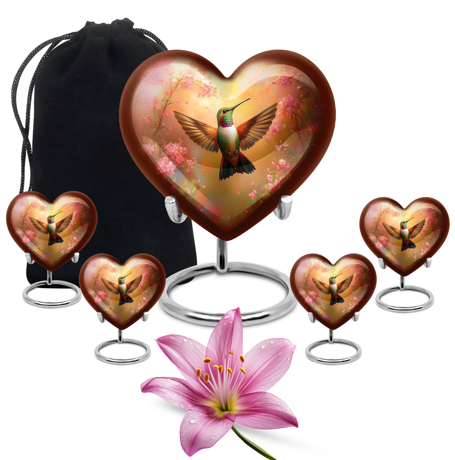 Amber Gold Hummingbird Cremation Urn close-up of engraving and surface detail - heart-shaped hummingbird design symbolizing eternal love - memorial set with one large and four small urns