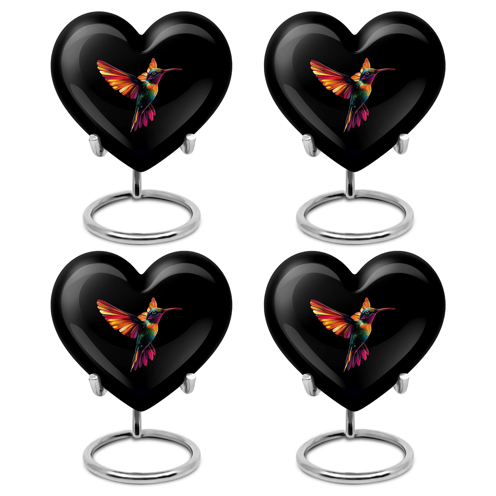 Ebony Hummingbird Cremation Urn angled view of lid and engraved motif - heart-shaped hummingbird design symbolizing eternal love - 10 inch aluminum urn for cremated remains