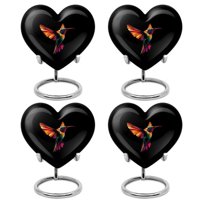 Ebony Hummingbird Cremation Urn angled view of lid and engraved motif - heart-shaped hummingbird design symbolizing eternal love - 10 inch aluminum urn for cremated remains