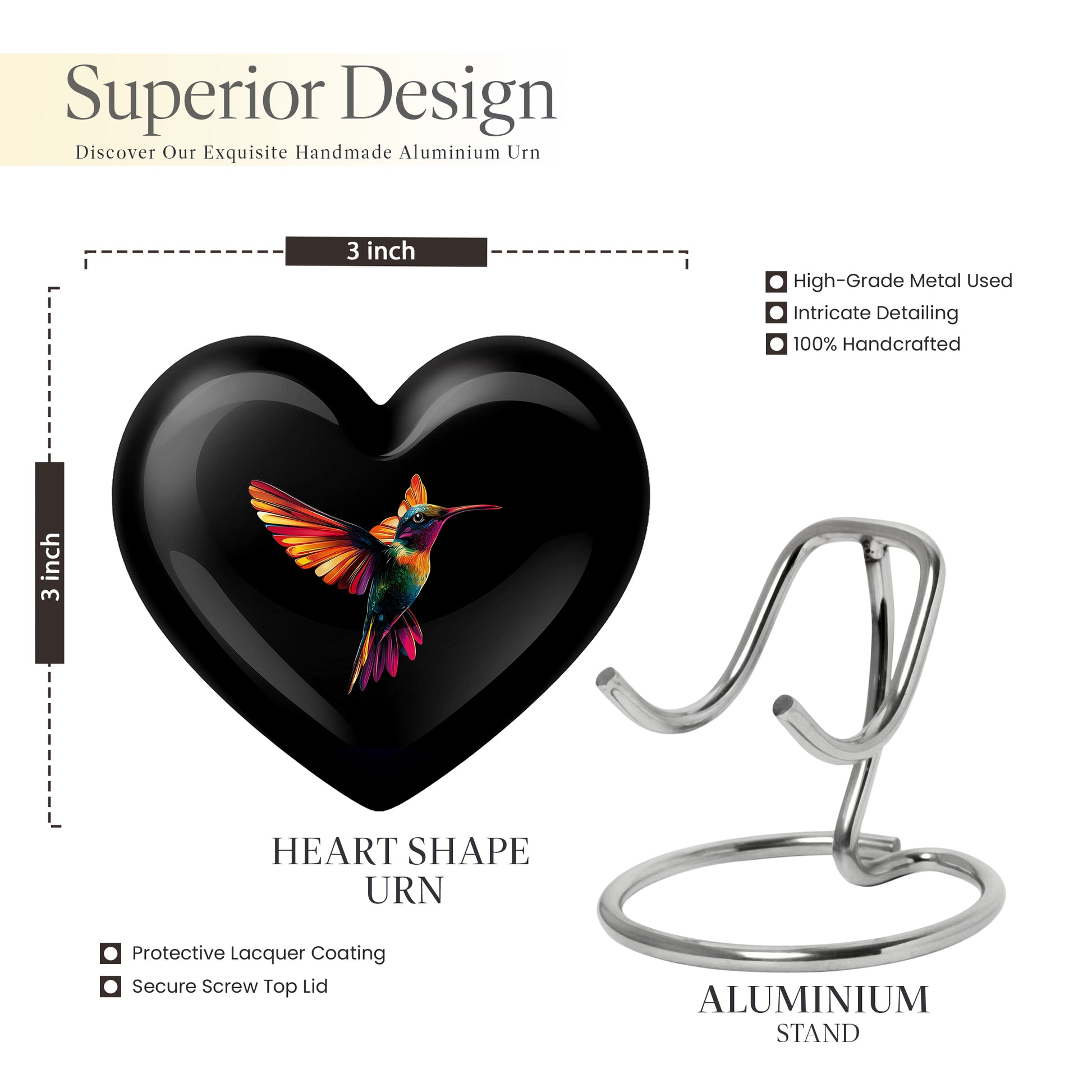 Jet Black Hummingbird Cremation Urn front view showing detailed design - heart-shaped hummingbird design symbolizing eternal love - mini keepsake memorial for portion of cremation ashes