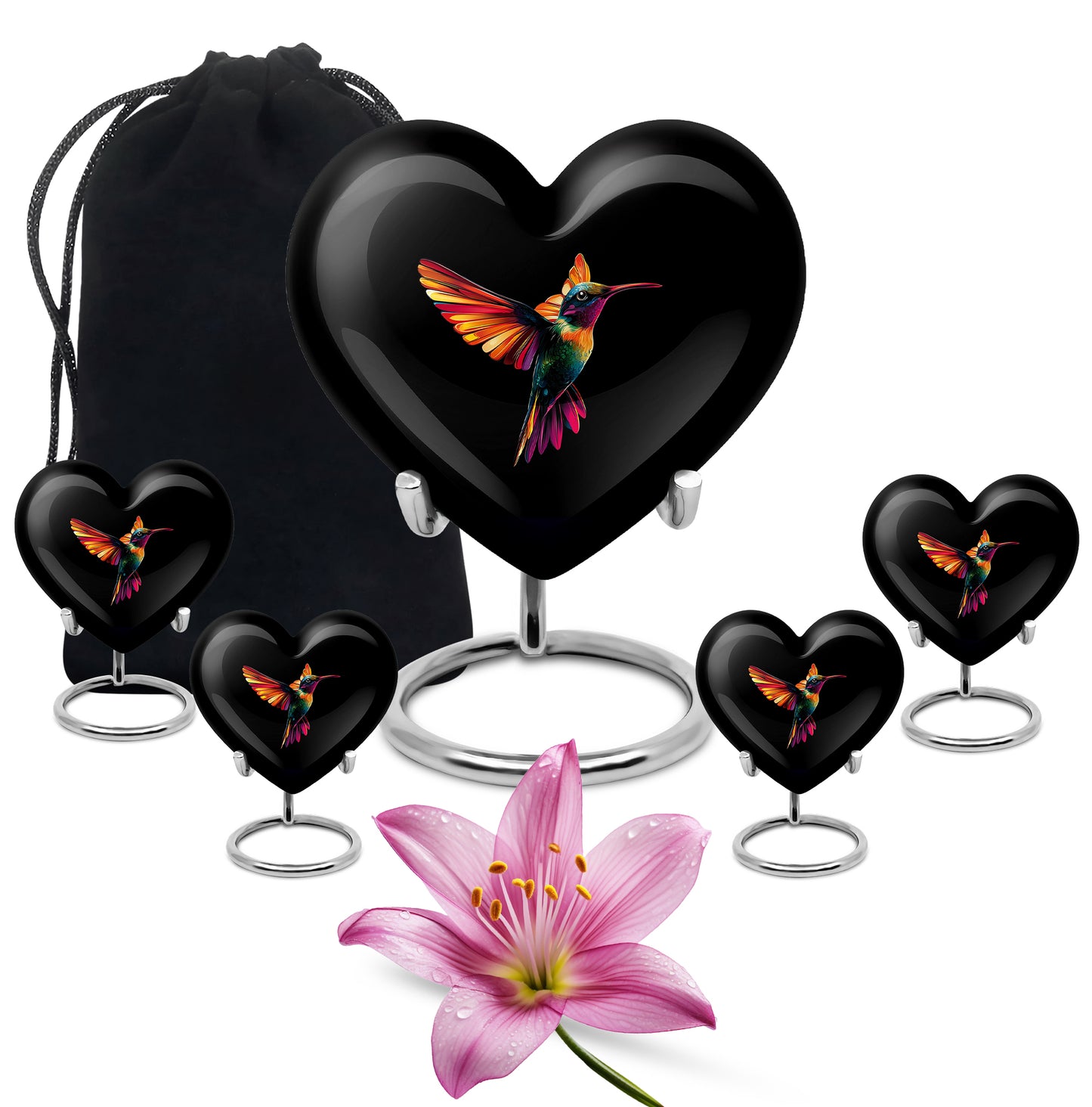 Onyx Black Hummingbird Cremation Urn close-up of engraving and surface detail - romantic heart urn with hummingbird motif on aluminum - memorial set with one large and four small urns