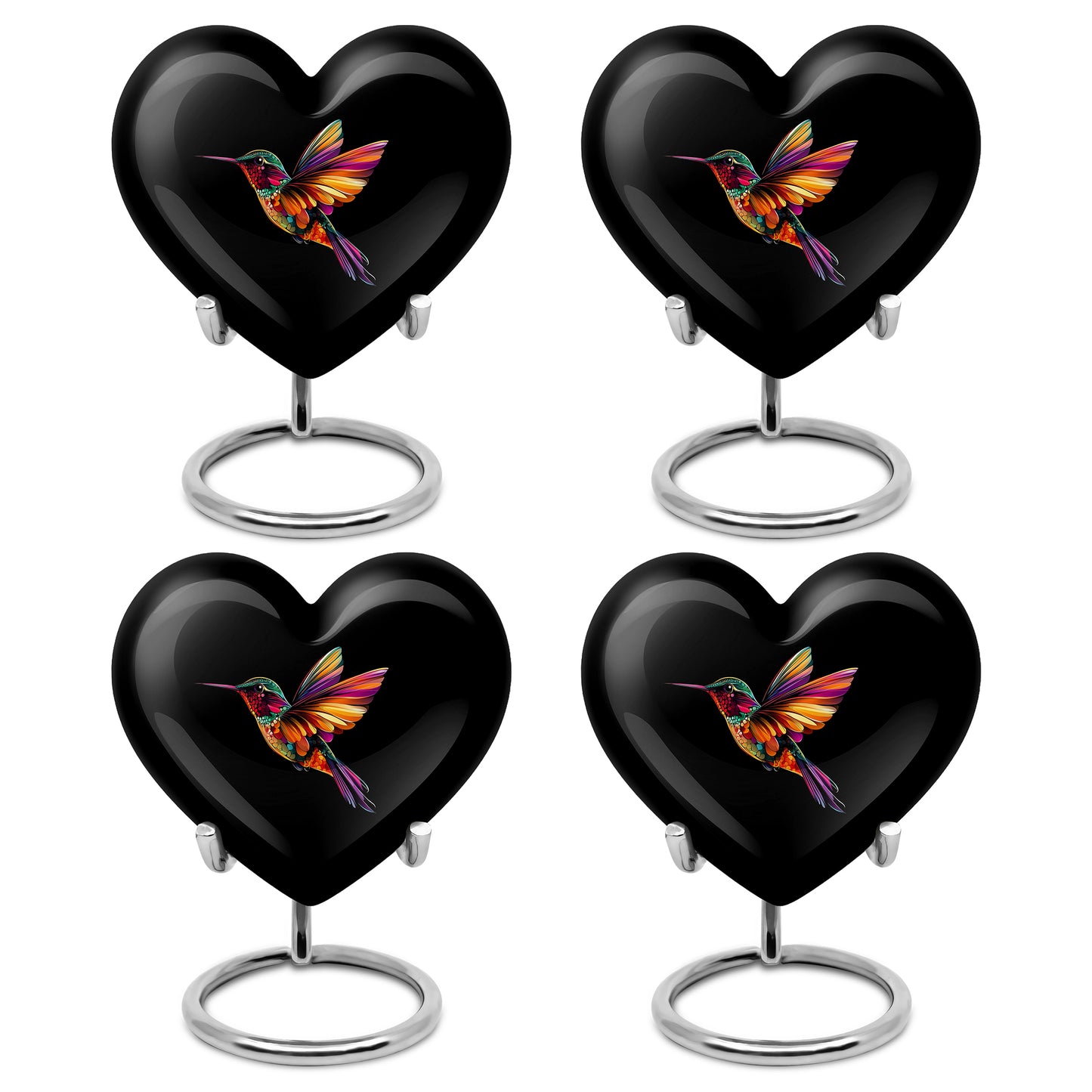 Jet Black Hummingbird Cremation Urn angled view of lid and engraved motif - loving heart memorial featuring hummingbird pattern - 10 inch aluminum urn for cremated remains